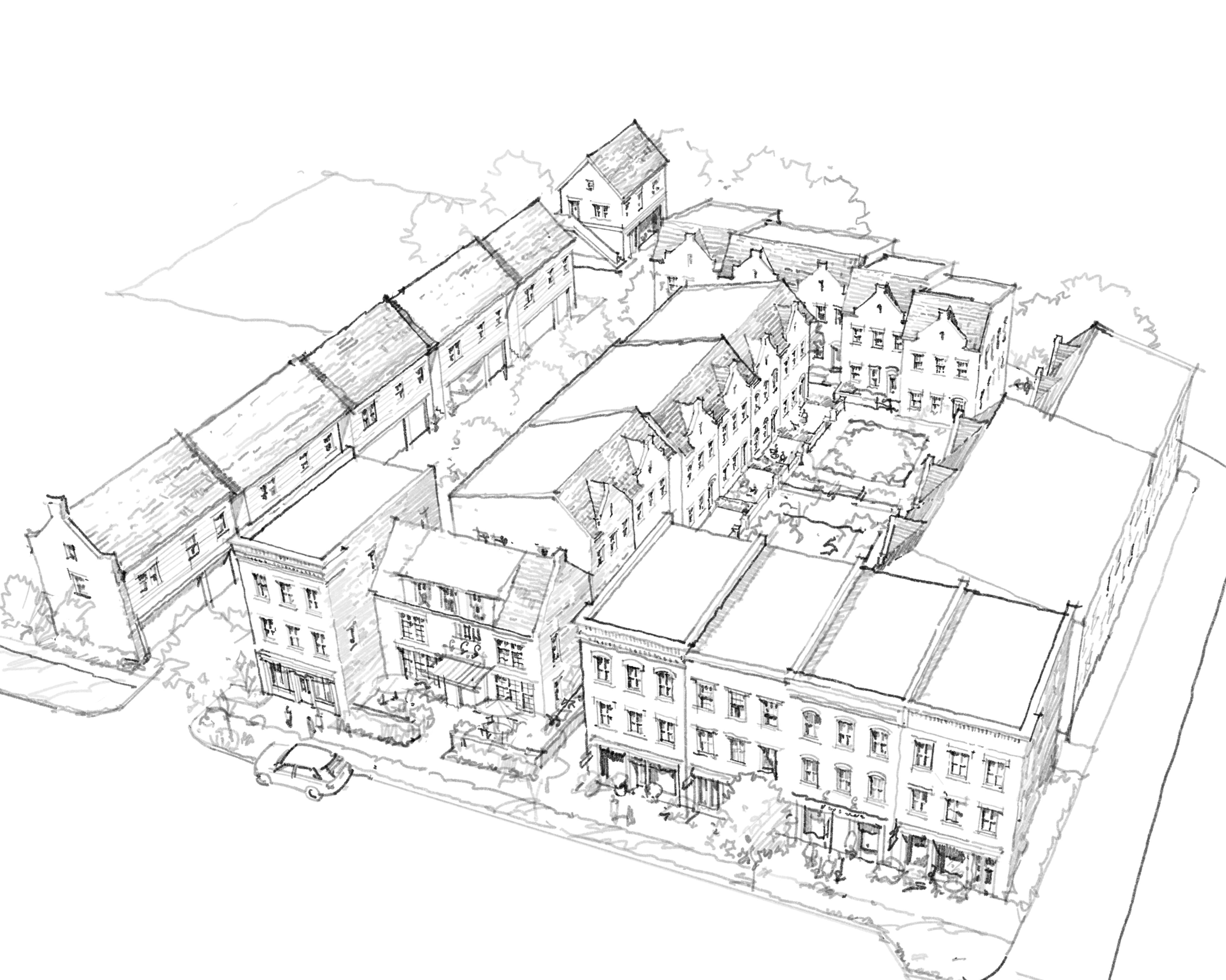 Pen-and-ink aerial rendering of Wren in downtown Edmond — a block of attached brick townhomes wrapped around shared interior courtyards