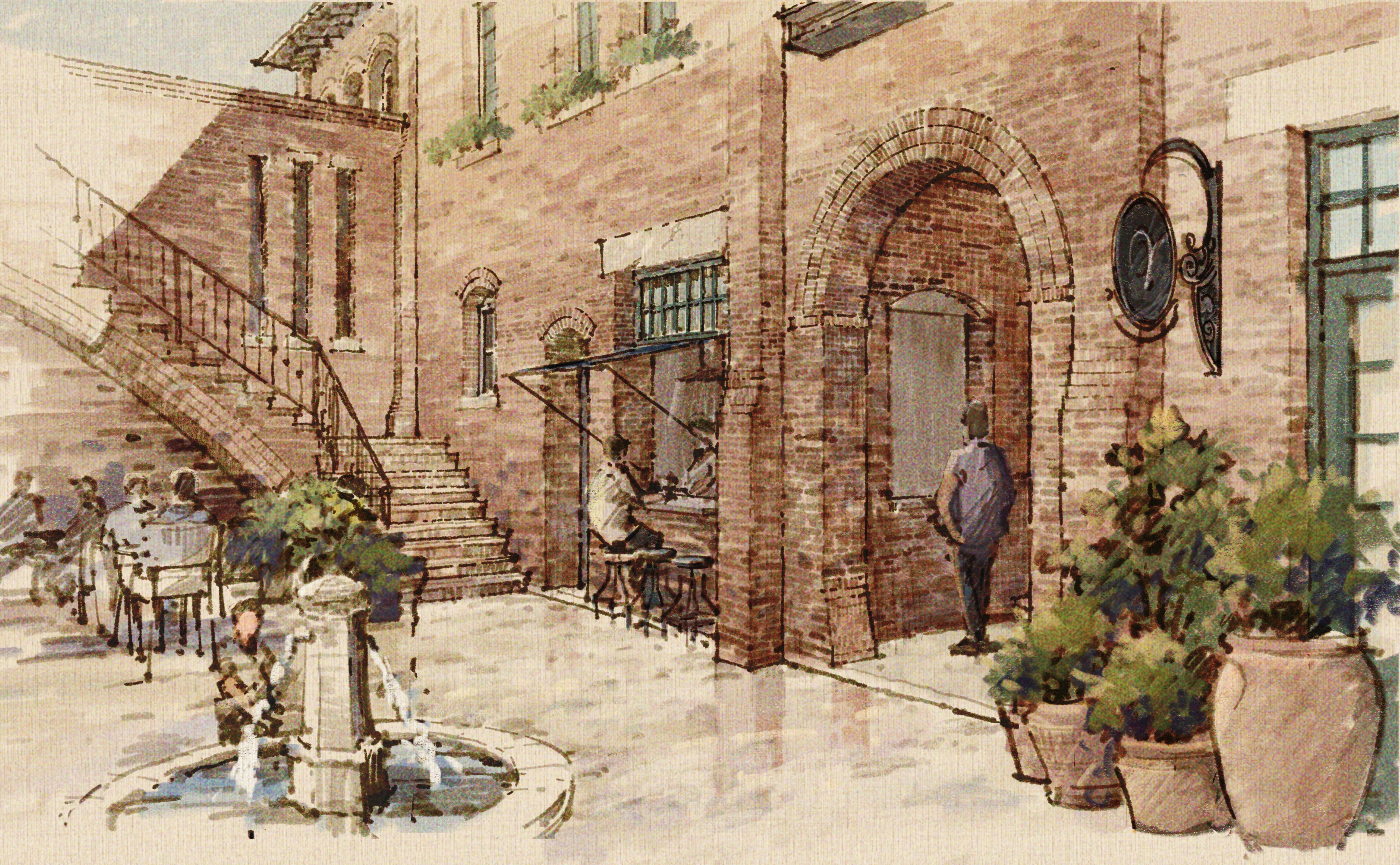 Watercolor rendering of the Apollo Workspace interior courtyard, with arched brick entrances and a central fountain
