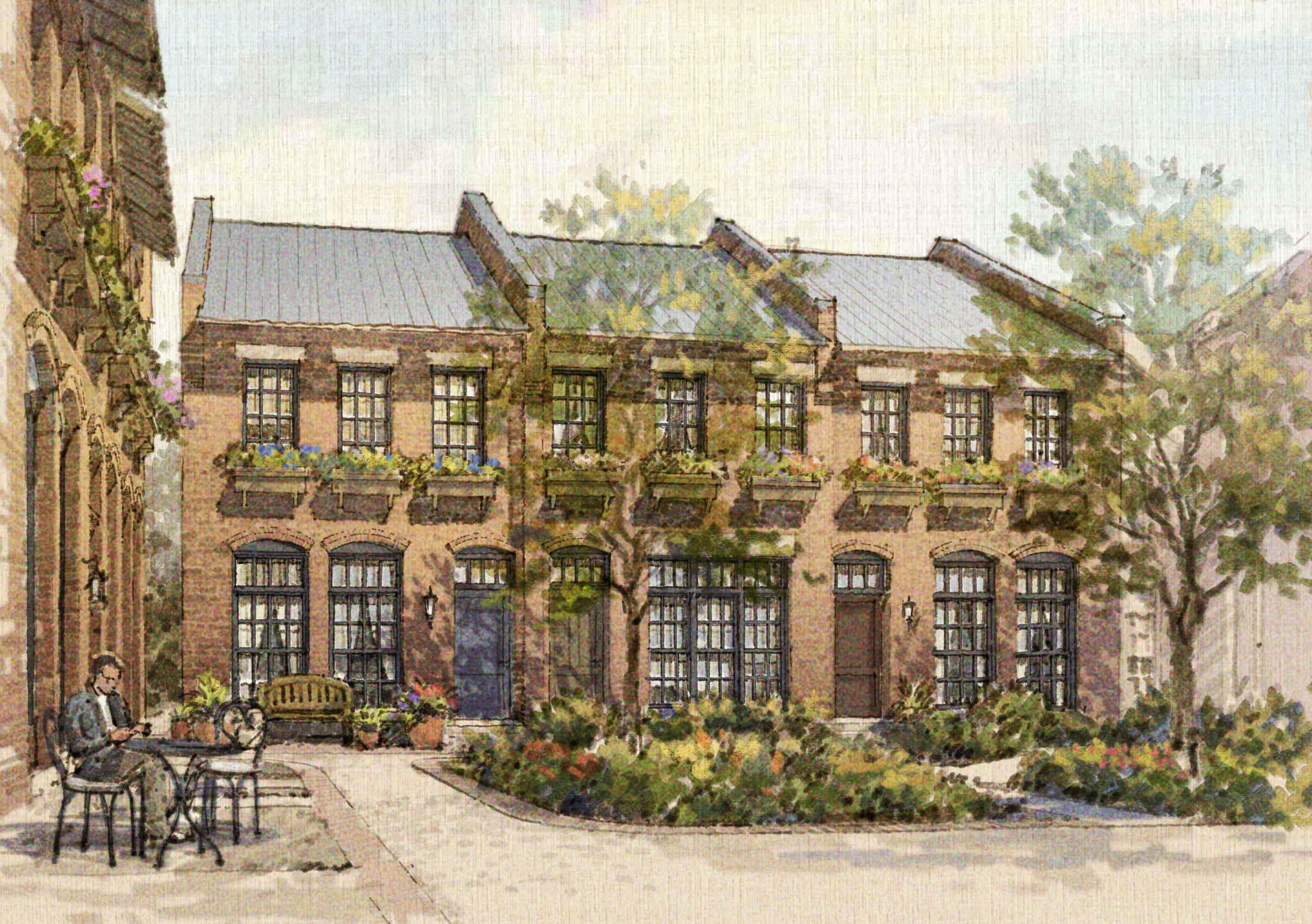 Watercolor rendering of a Townsend storefront with brick facade, flowering planters, and outdoor seating