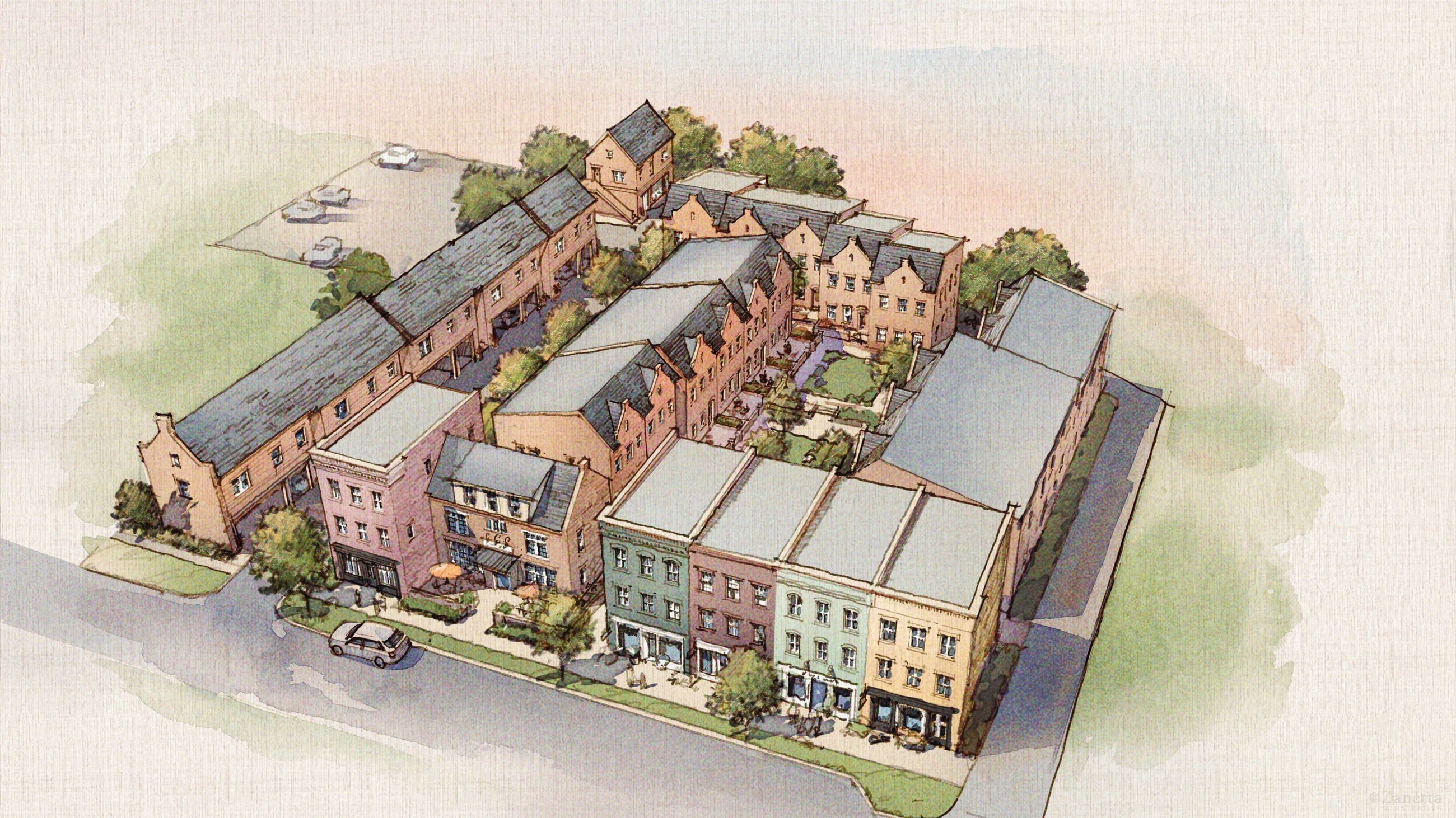Watercolor aerial rendering of Wren — a block of attached brick townhomes with colored storefronts wrapped around shared interior courtyards